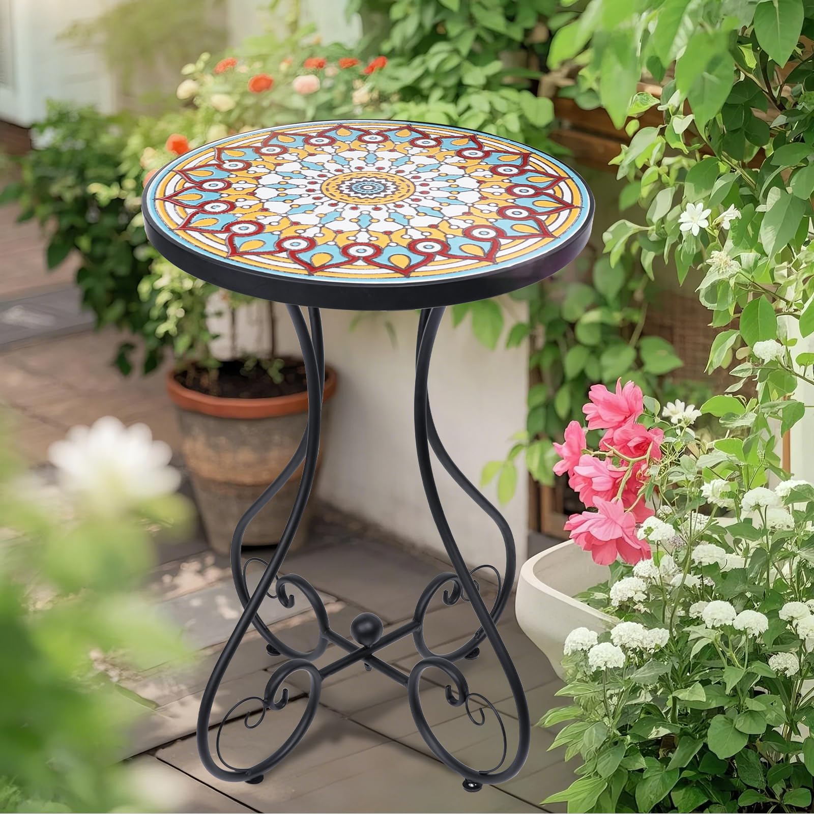 VCUTEKA Mosaic Outdoor Side Table, Round Rustproof Patio Table with 14" Ceramic Tile Top, Indoor Porch Accent Table for Yard, Garden, Living Room, Bistro Balcony - Bircata