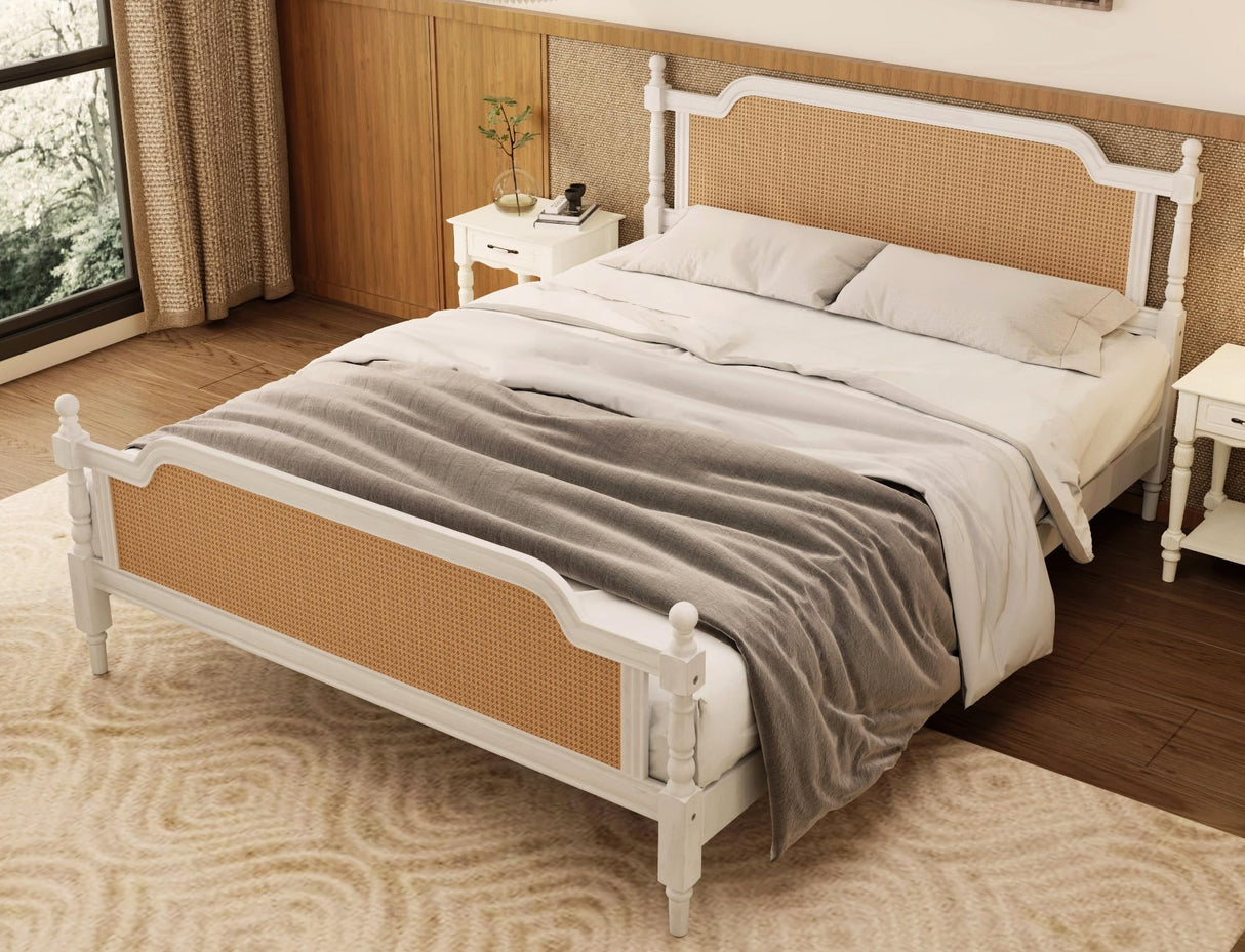 Queen Platform Bed Frame with Rattan Headboard - Traditional Pine Wood