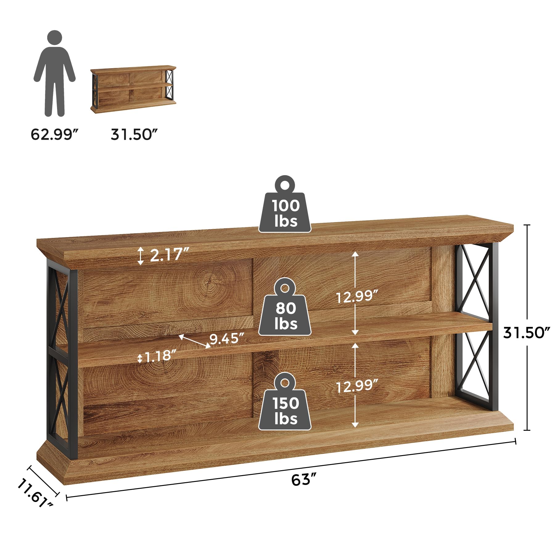 63 Inch Console Table with 3-Tier Storage - Oak Brown