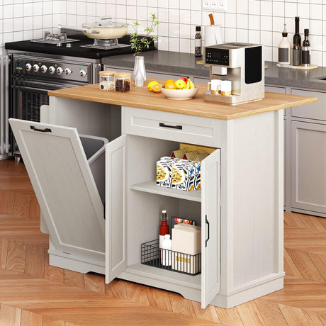 50 Inch Rolling Kitchen Island with Trash Can Storage Cabinet & Drop Leaf