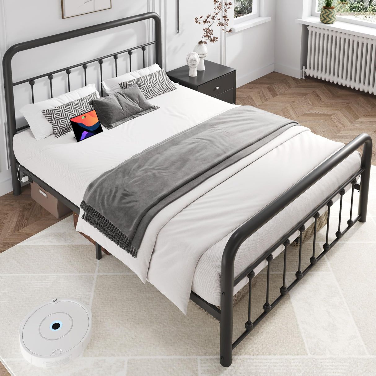 Metal Platform Bed Frame with Charging Station & LED, Victorian Style Iron-Art