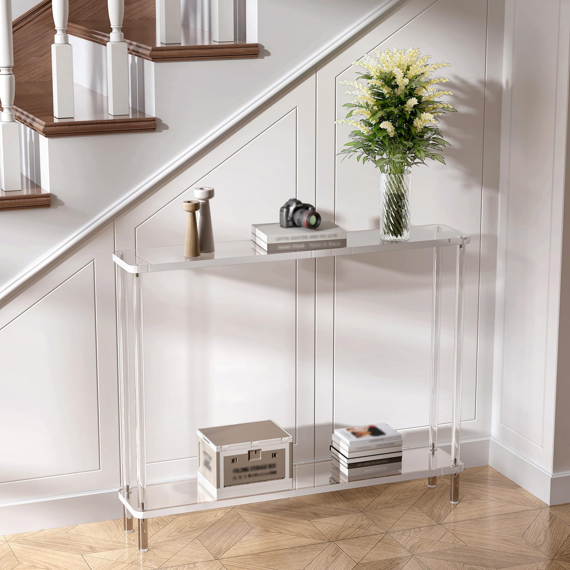Acrylic Narrow Console Table - 2-Tier Clear Entry Table with Cylindrical Legs