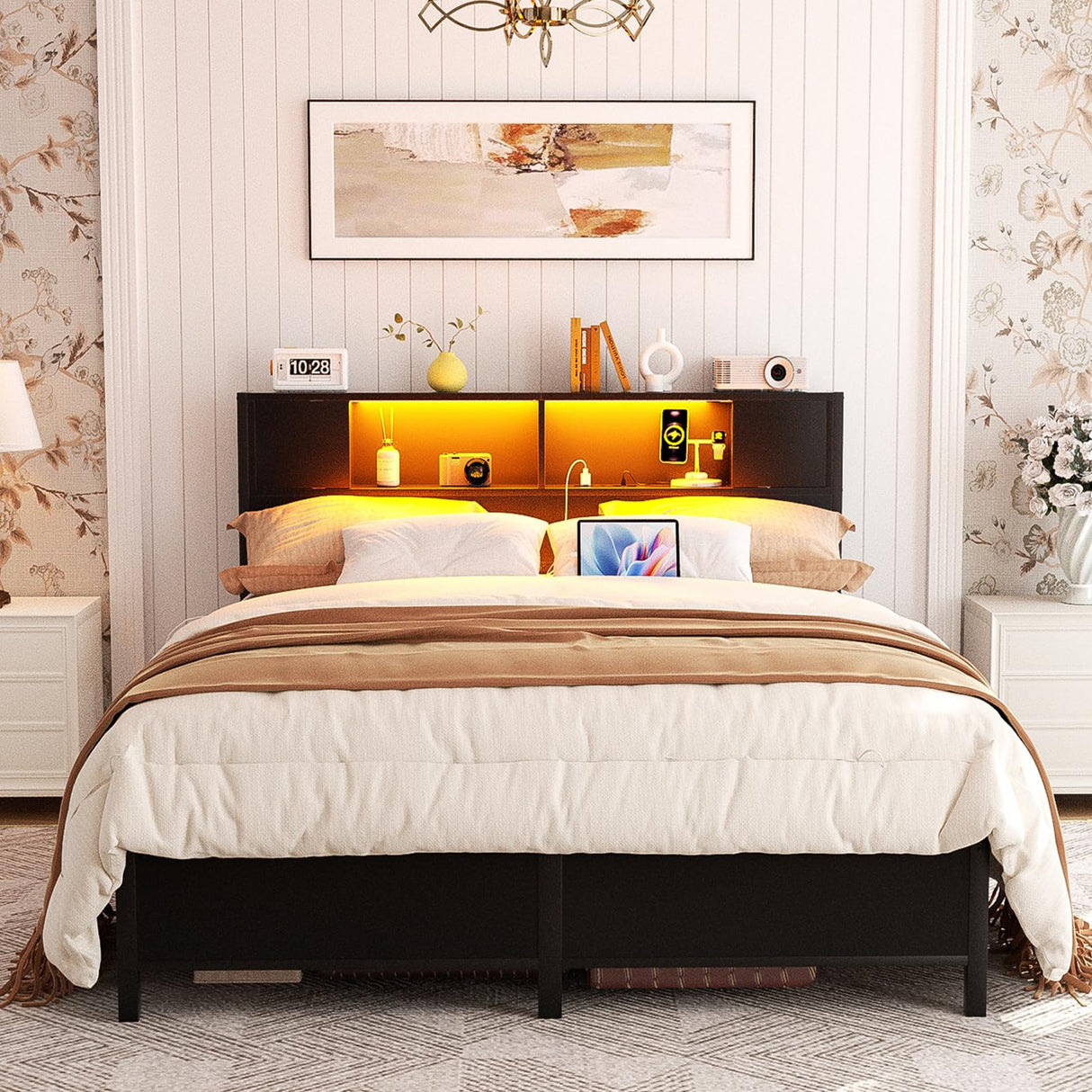 Queen Size Bed Frame with Storage Headboard