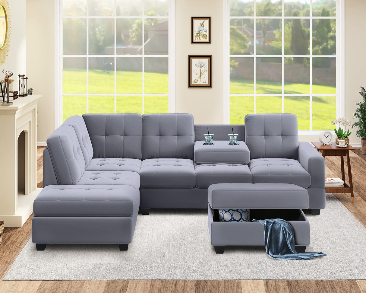 Sofa with Reversible Chaise, L Shaped Couch Set with Storage Ottoman