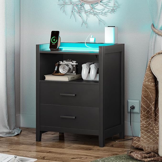 LED Nightstands Set of 2, Black Night Stand with Charging Station and 2 Drawers