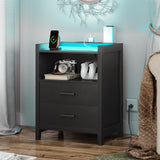 LED Nightstands Set of 2, Black Night Stand with Charging Station and 2 Drawers