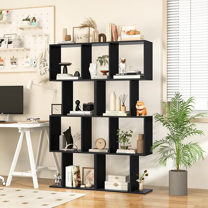 4 Tier Bookshelf S Shaped Bookcase, Multifunctional Wooden