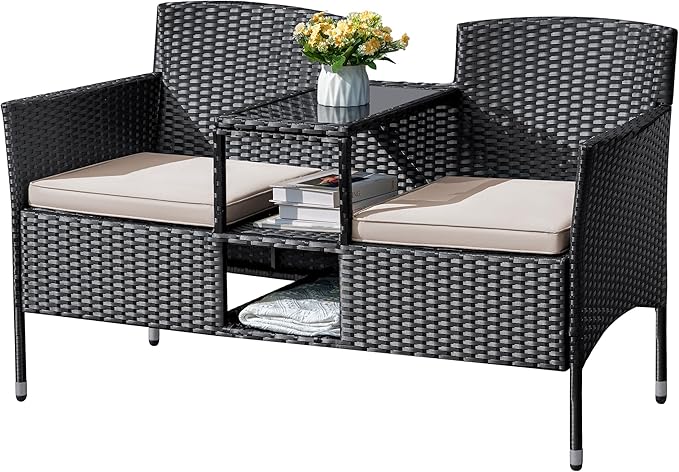 Outdoor Furniture Patio Loveseat Wicker 2-Seat with Built-in Table and Cushions