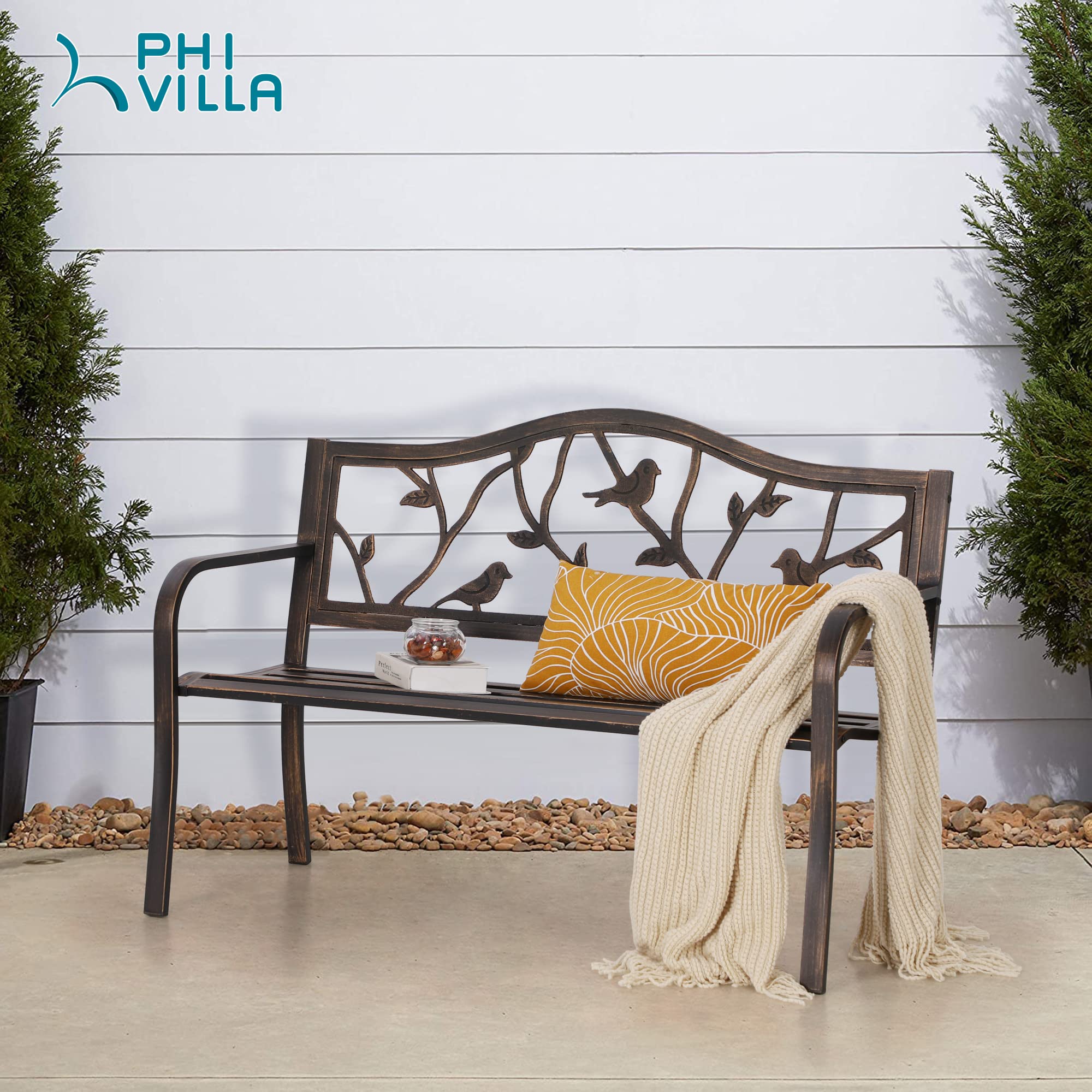 Outdoor Garden Park Bench Patio 50" Metal Bench, Steel Frame Bench