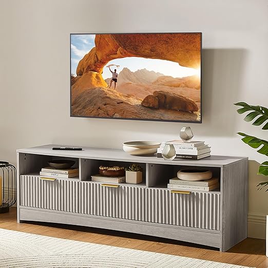 Fluted TV Stand for 50-65" TVs with Drawers and Open Shelf