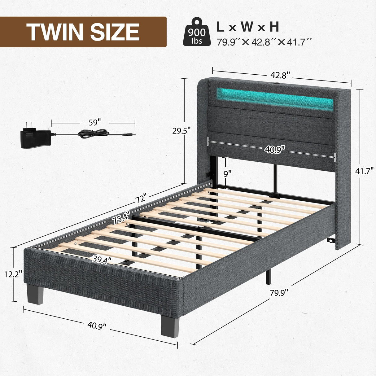 Bed Frame Twin Size with LED Lights and Charging Station, Upholstered Bed with Motion