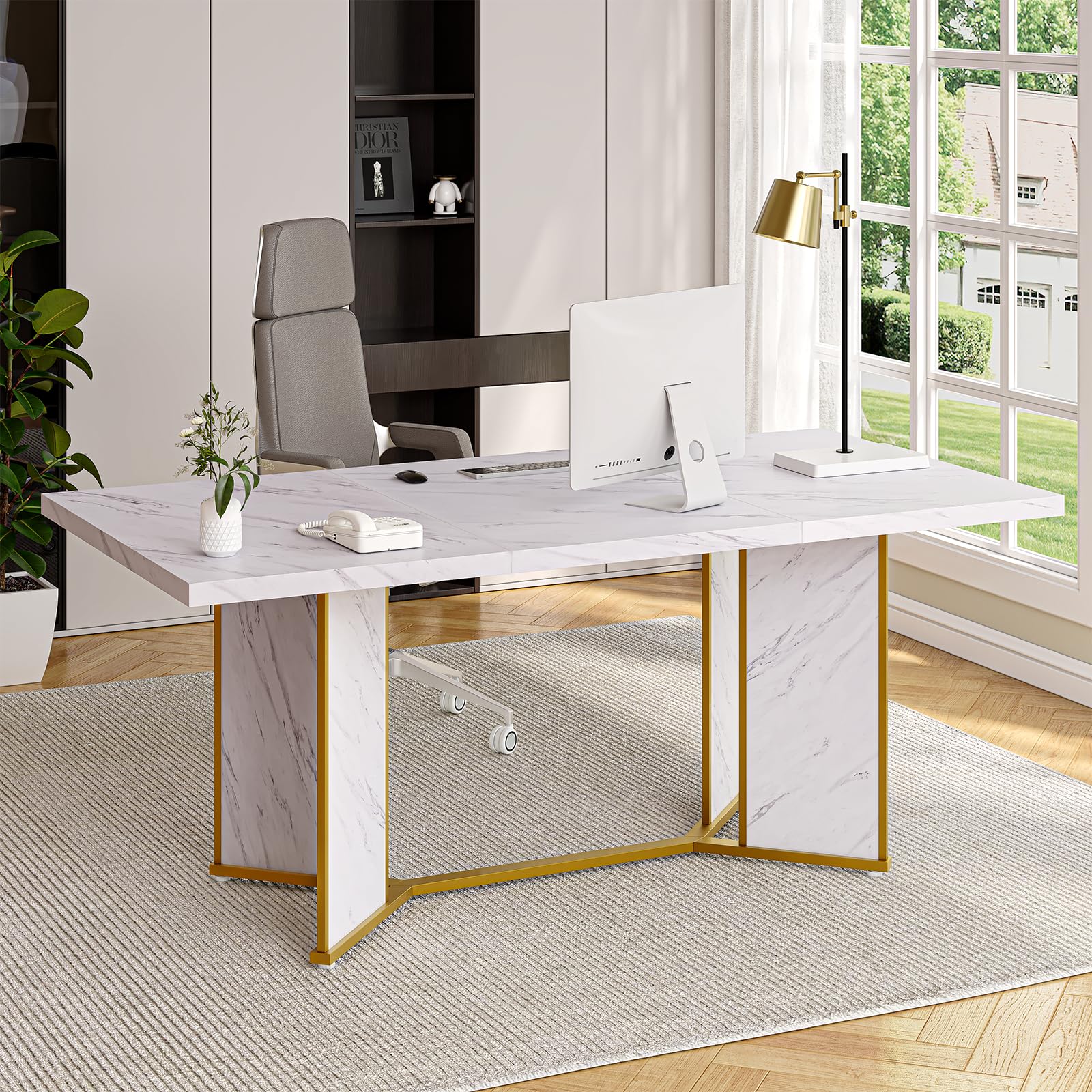 71" Rectangular Dining Table for 6-8 People - White Marble & Gold Metal Frame