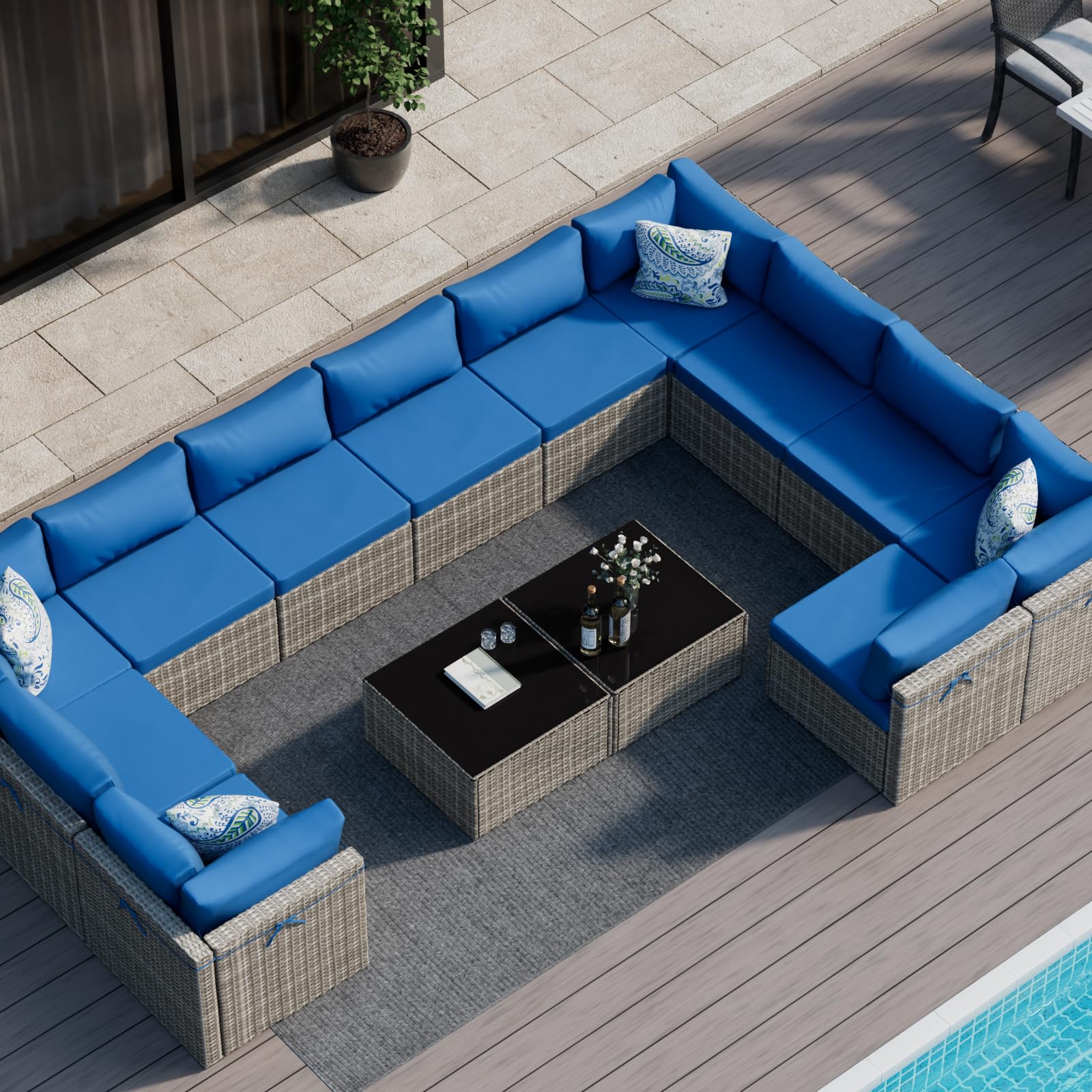 14-Piece Gray Rattan Patio Furniture Sets, Outdoor Conversation Sofa Sets