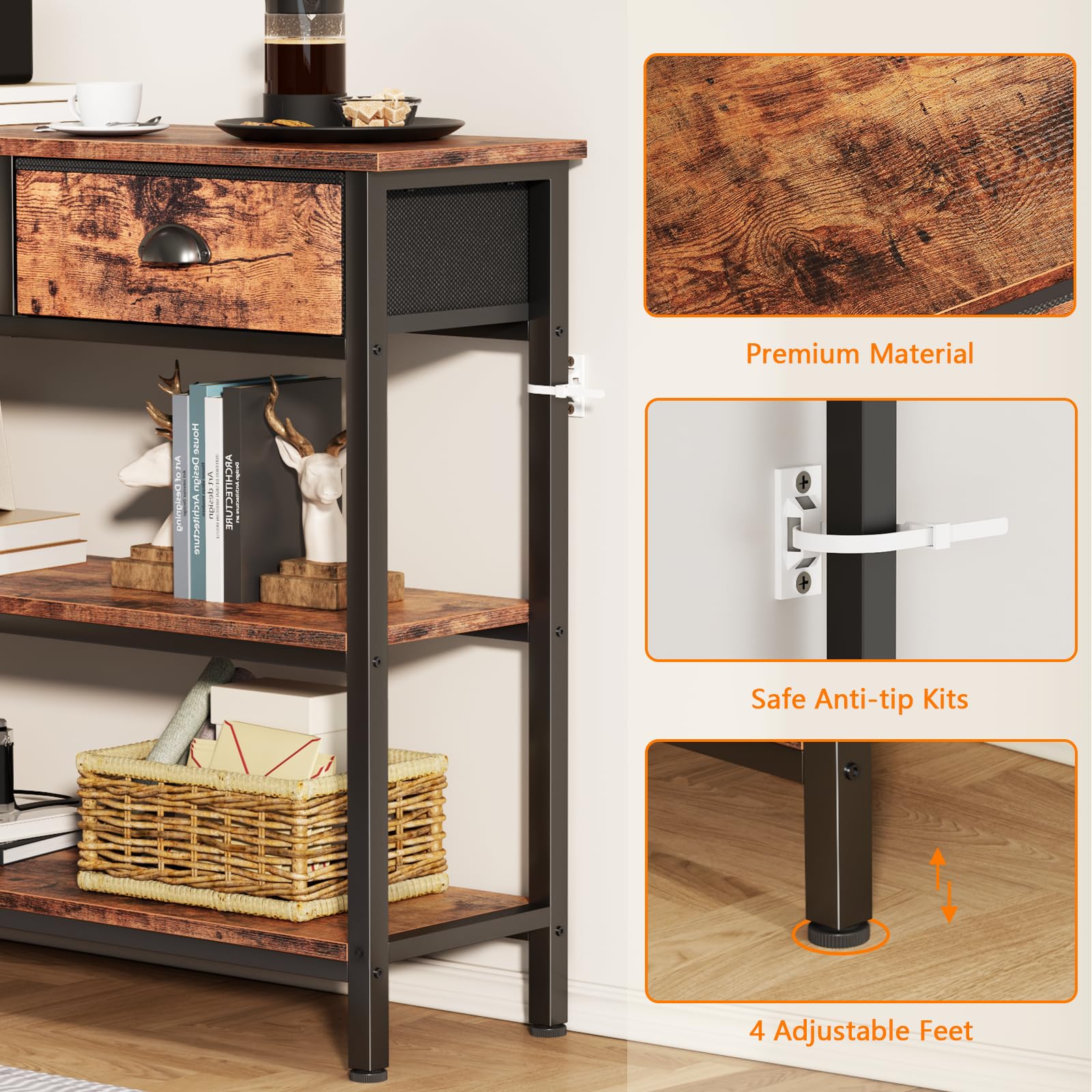 47" Console Table with 3 Drawers & Storage Shelves - Rustic Brown