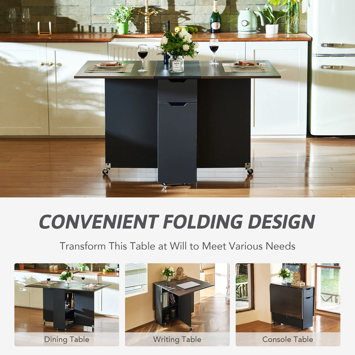 Modern Folding Dining Table, Drop Leaf Dining Table & Expandable Kitchen Table with Drawer & Storage Shelves,