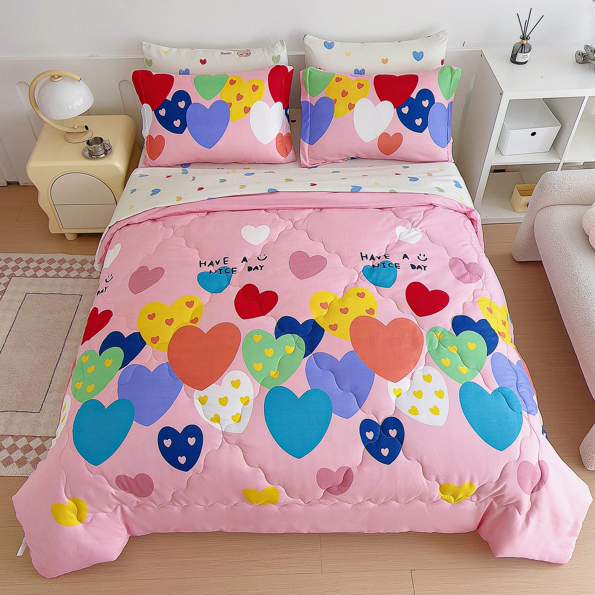 7 Piece Girls Love Heart Bedding Comforter Sets Full Size - Colourful Reversible Cute