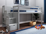 Contemporary Low Loft Twin Bed with a 3 Drawer Stairway, Gray with Gray & White Tent