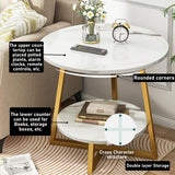 2-Tier White and Gold Round End Table with Marble Texture MDF Top