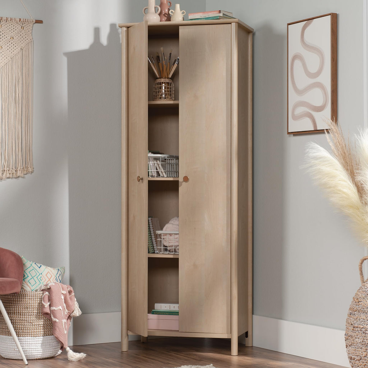 Miscellaneous Storage Cabinet, L: 27.09" x W: 15.39" x H: 72.05", Natural Maple Finish