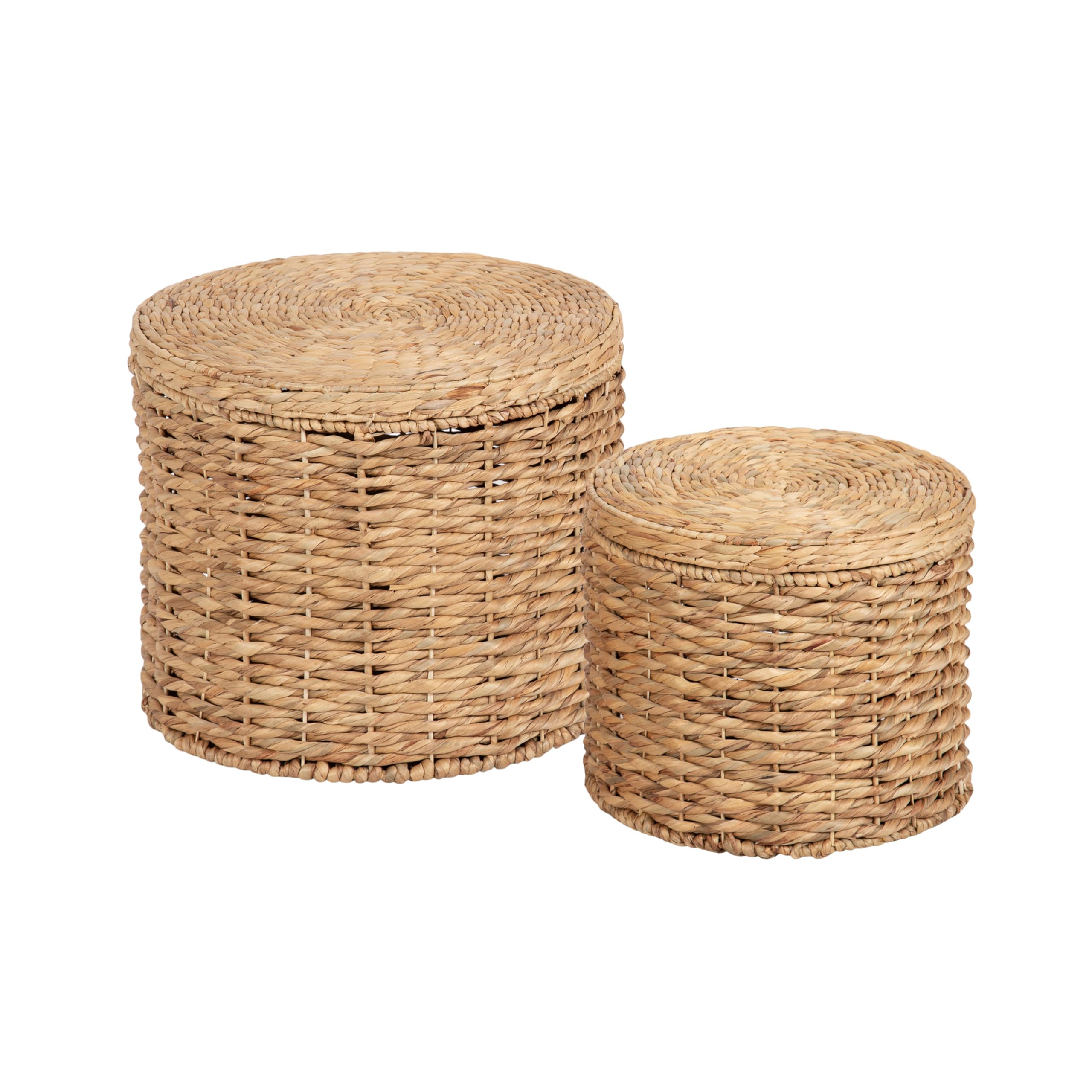 Halm Modern Woven Rattan Round Storage Side Tables, Set of 2, 20 x 17 and 16 x 14