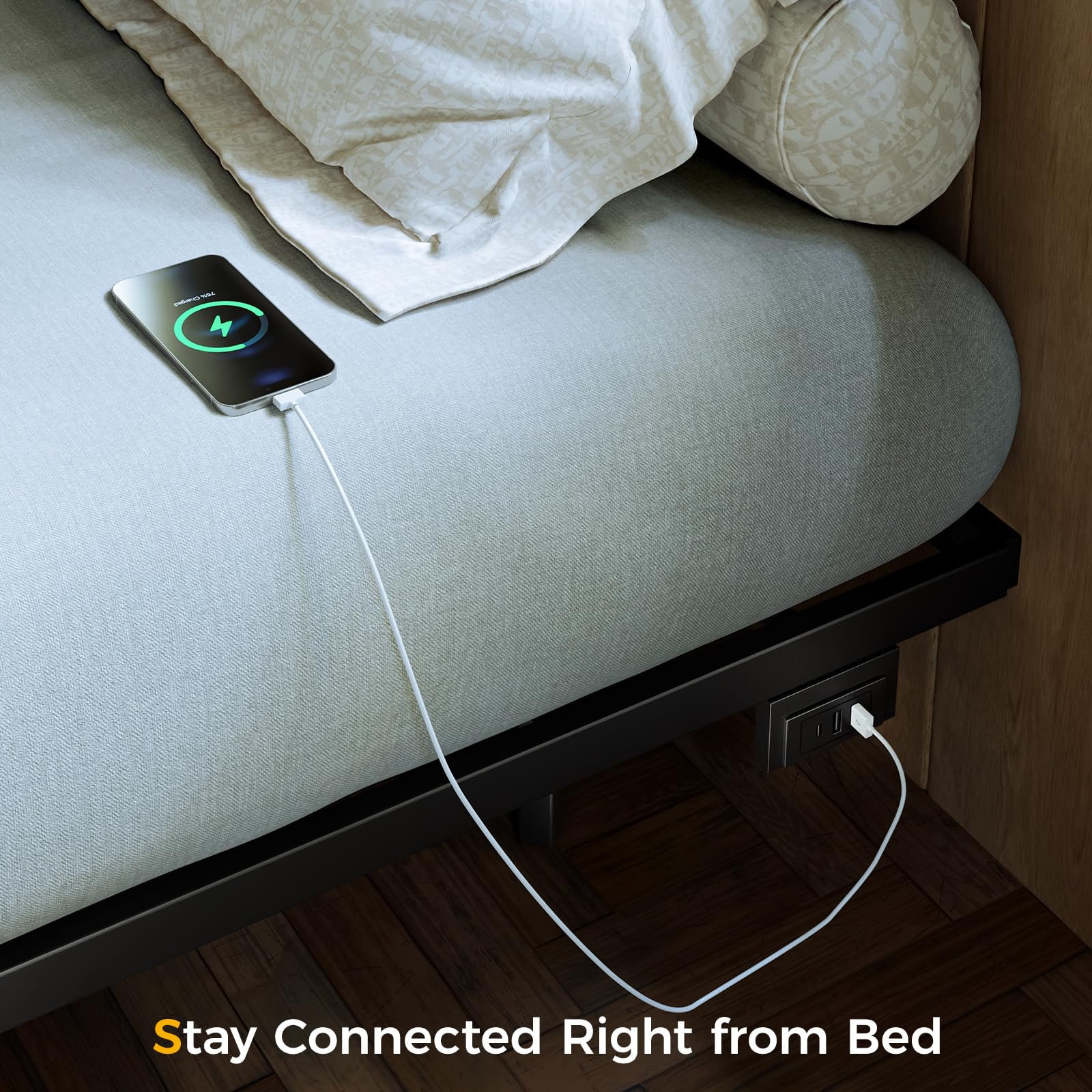 Queen Floating Bed Frame with LED Lights & Charging Station