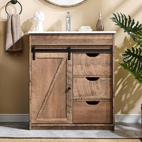 30" Farmhouse Bathroom Vanity with Sink, 33.7" Tall Bathroom Vanity w/Sliding Barn Door