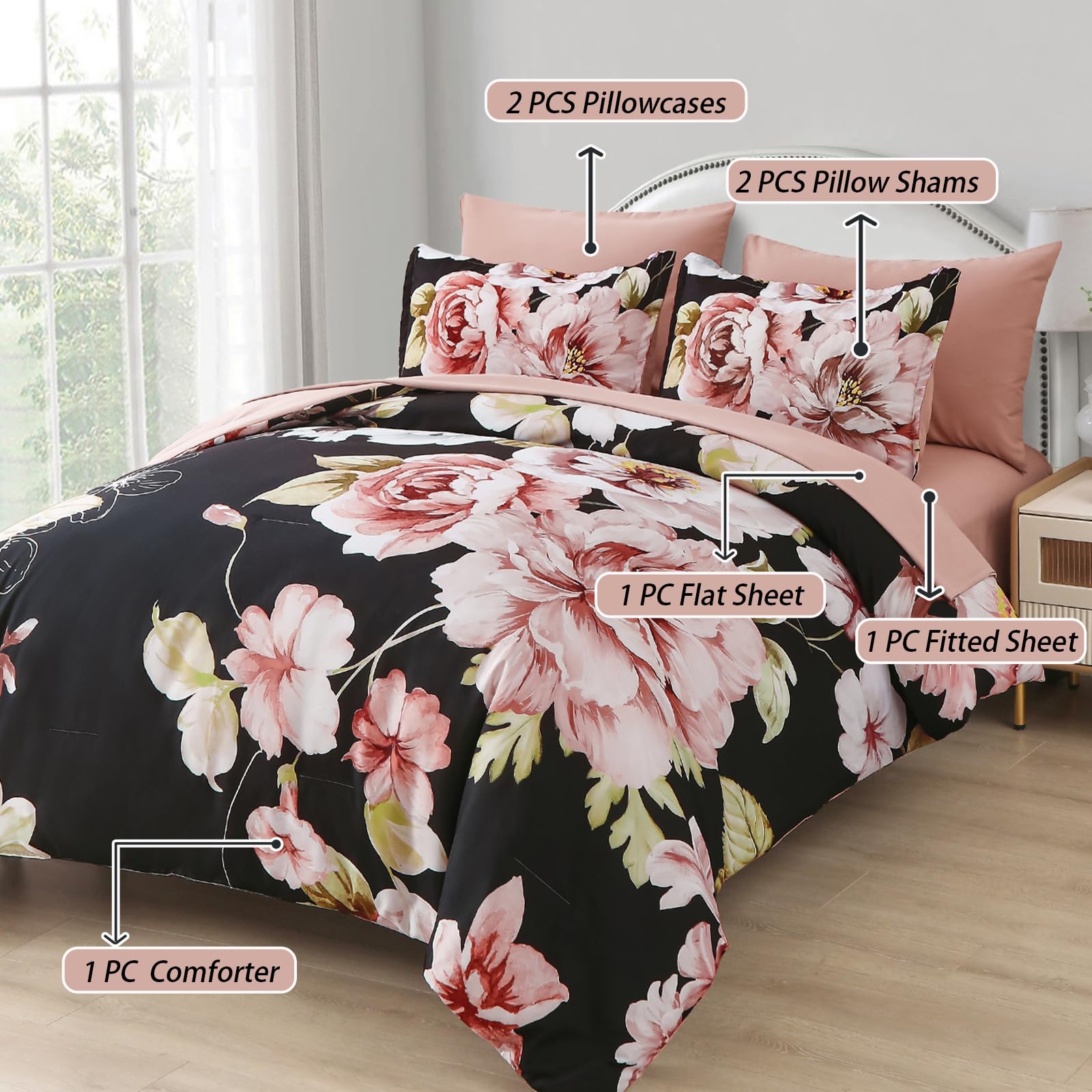 Set Queen Size 7 Pieces Bed in a Bag,Pink Flower Pattern Comforter