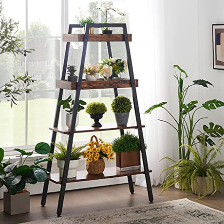 Book Shelf,4 Tier A-Shaped Industrial Wooden Ladder Bookcase Metal Frame with Storage,Open Display,Decorative and Plant Stand for Living Room/Farmhouse/Bedroom/Home Office/Bathroom