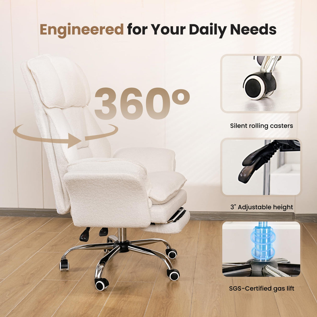 Big and Tall Office Chair with Footrest - Teddy Fleece Executive Desk Chair