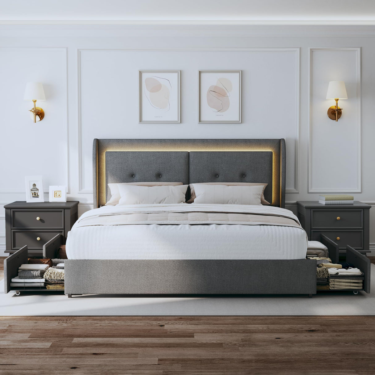 Full Size Bed Frame with Storage Drawers, Upholstered LED Full Size Bed