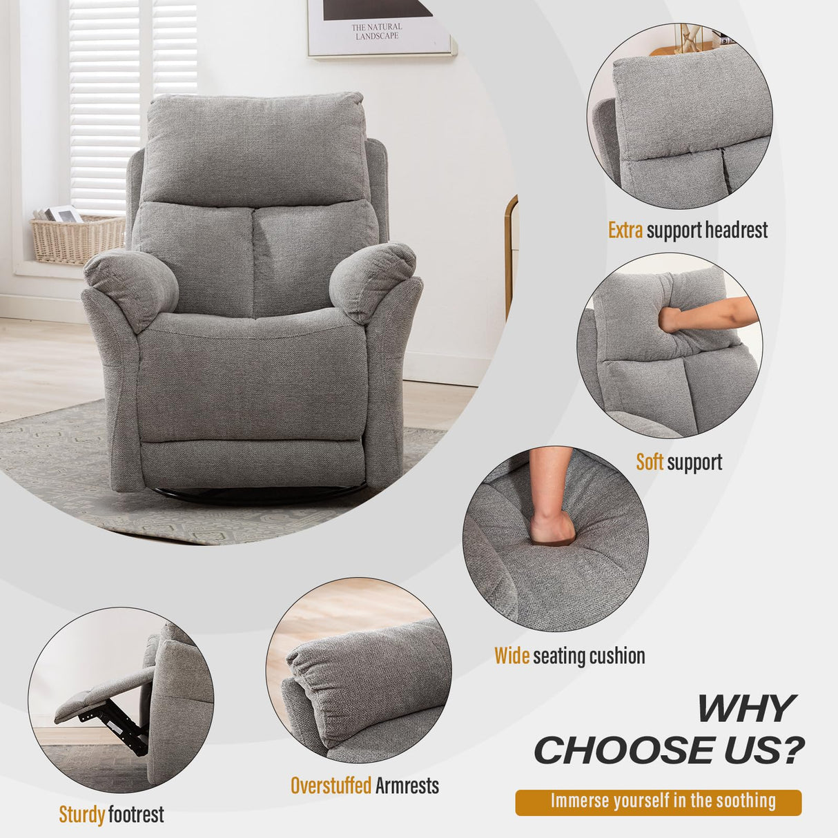 Swivel Rocker Recliner Nursery Chair, Manual Glider Rocking Recliner Chairs for Adults,