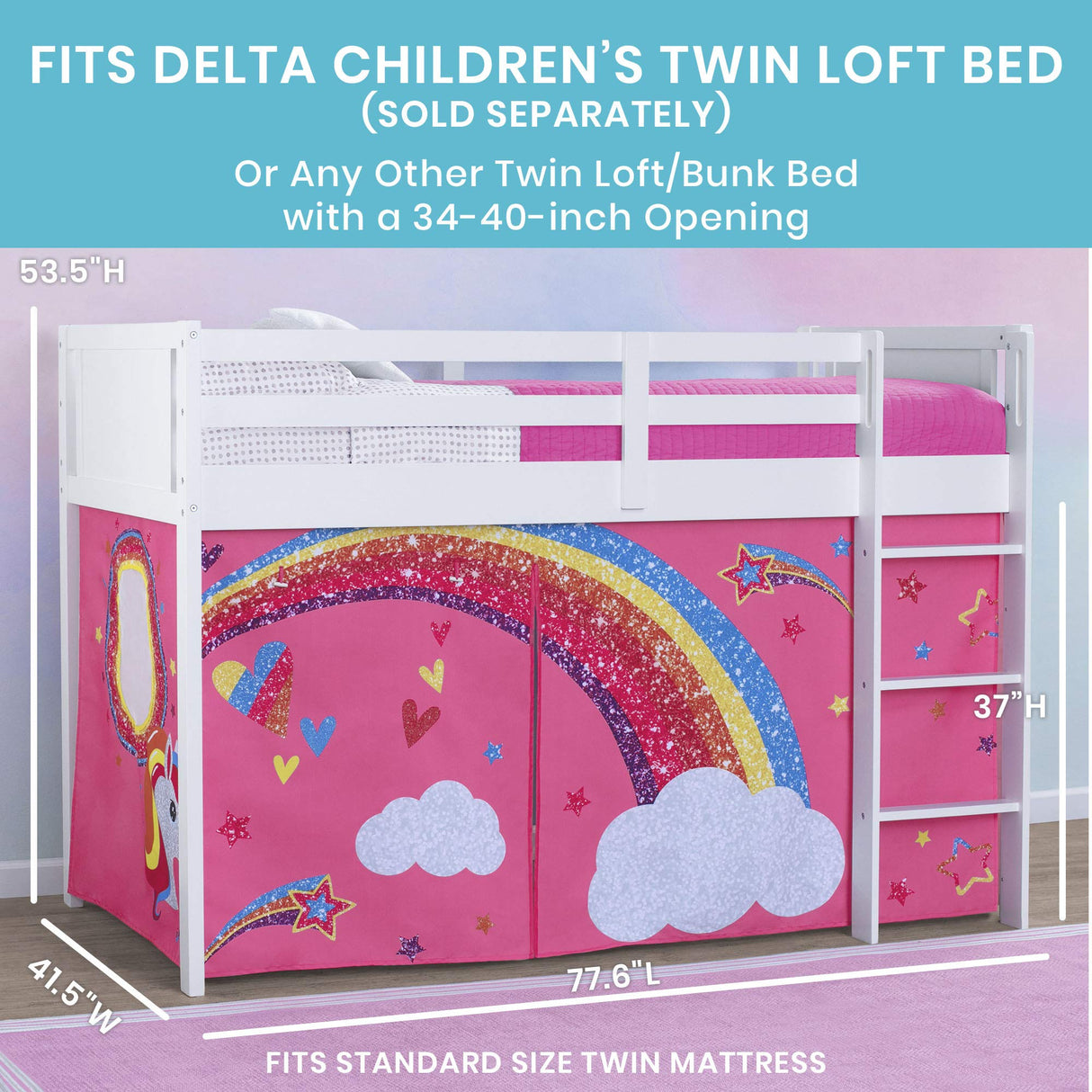 JoJo Siwa Loft Bed Tent - Curtain Set for Low Twin Loft Bed (Bed Sold Separately)