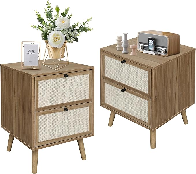 PHOYAL Rattan Nightstand Set of 2, End Table Rattan Bedside Table with Storage 3-Drawer Side Table