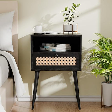 Rattan Nightstand Bedside Tables, Modern Wood Side Table Small End Table