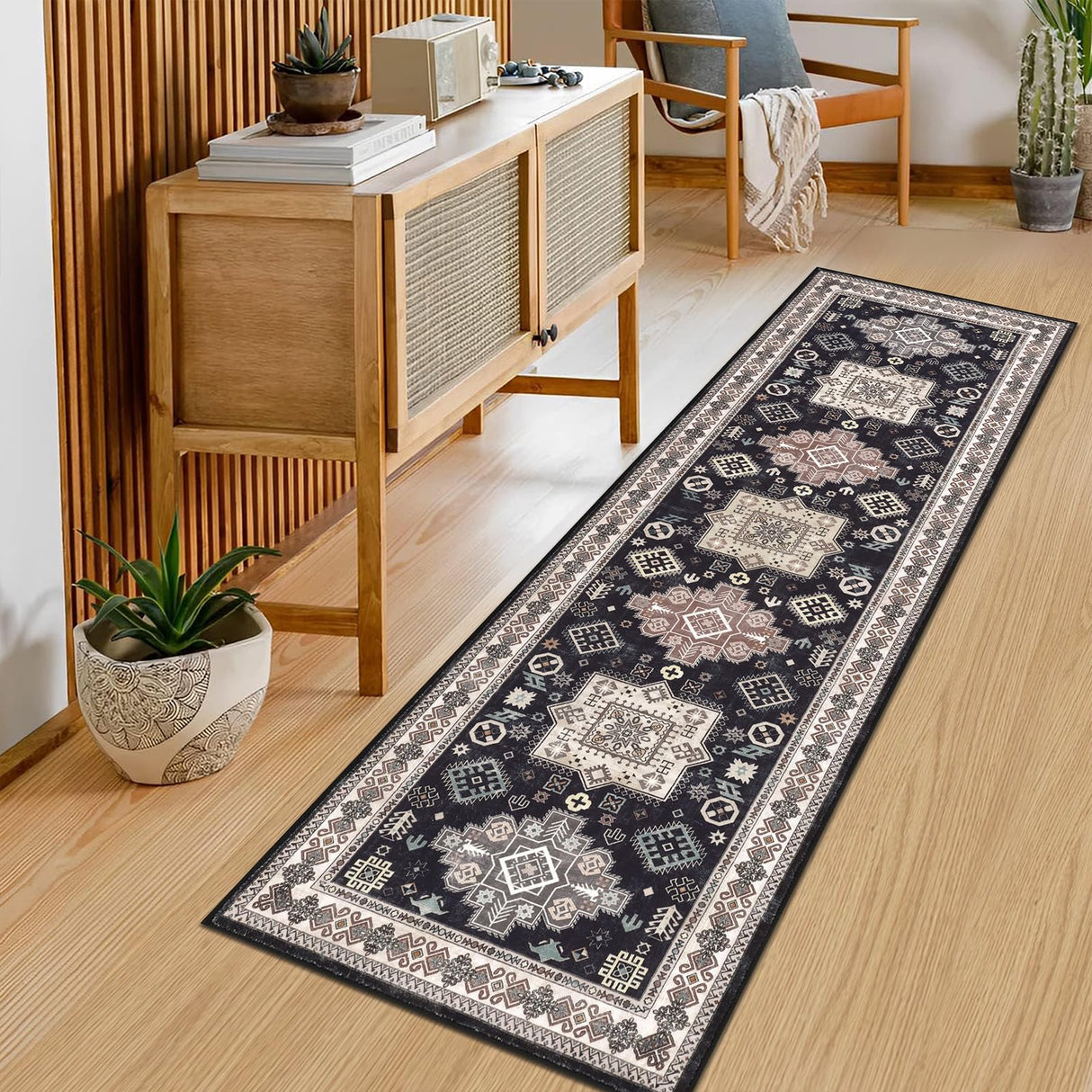 Pauwer Runner Rug 2x6 Non-Slip Washable Low-Pile Accent Rug, Vintage Distressed Throw Carpet, Hallway Kitchen Mat Non-Shedding, Living Room Entryway Foyer Bedroom Area Rug(Black, 2'x6' Ft)