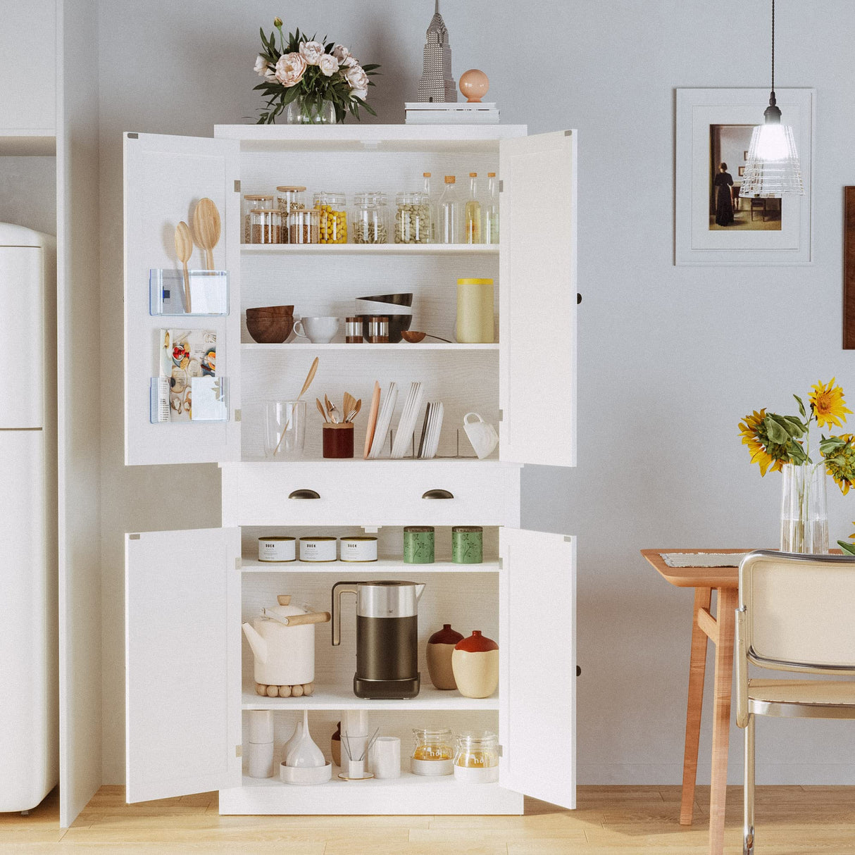 Kitchen Pantry Storage Cabinet 72" Height, with Barn Doors, Drawer