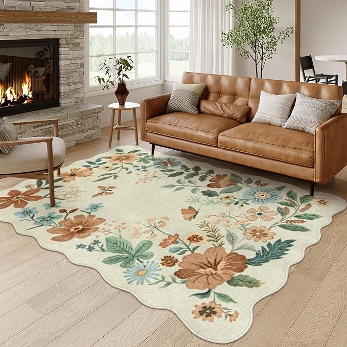 Floral Rugs for Living Room, 5x7 Area Rugs Ultra-Thin Soft Washable Rug, Non-Slip