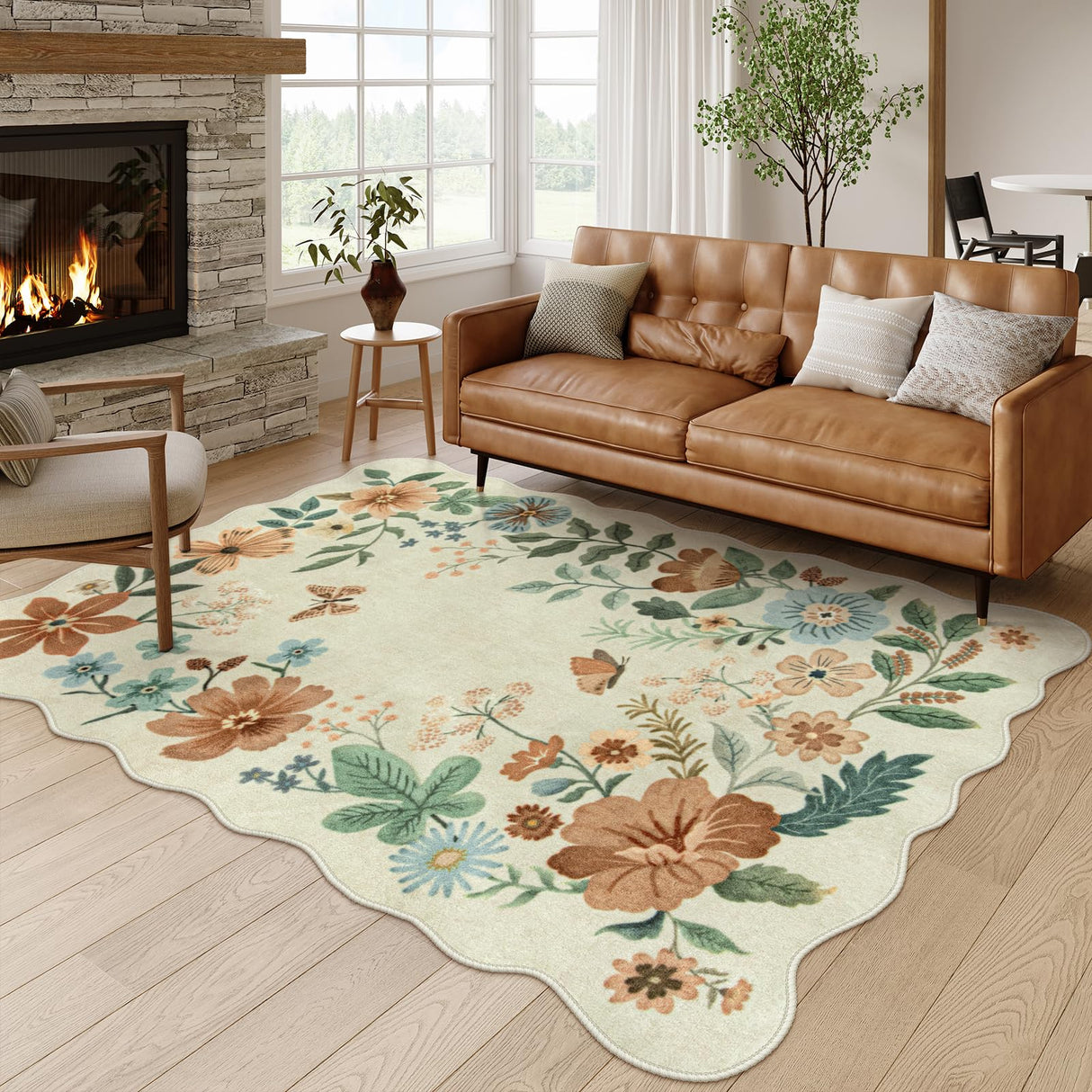 Floral Living Room Rug, 5x7 Rug for Bedroom Ultra-Thin Soft Dining Room Rug