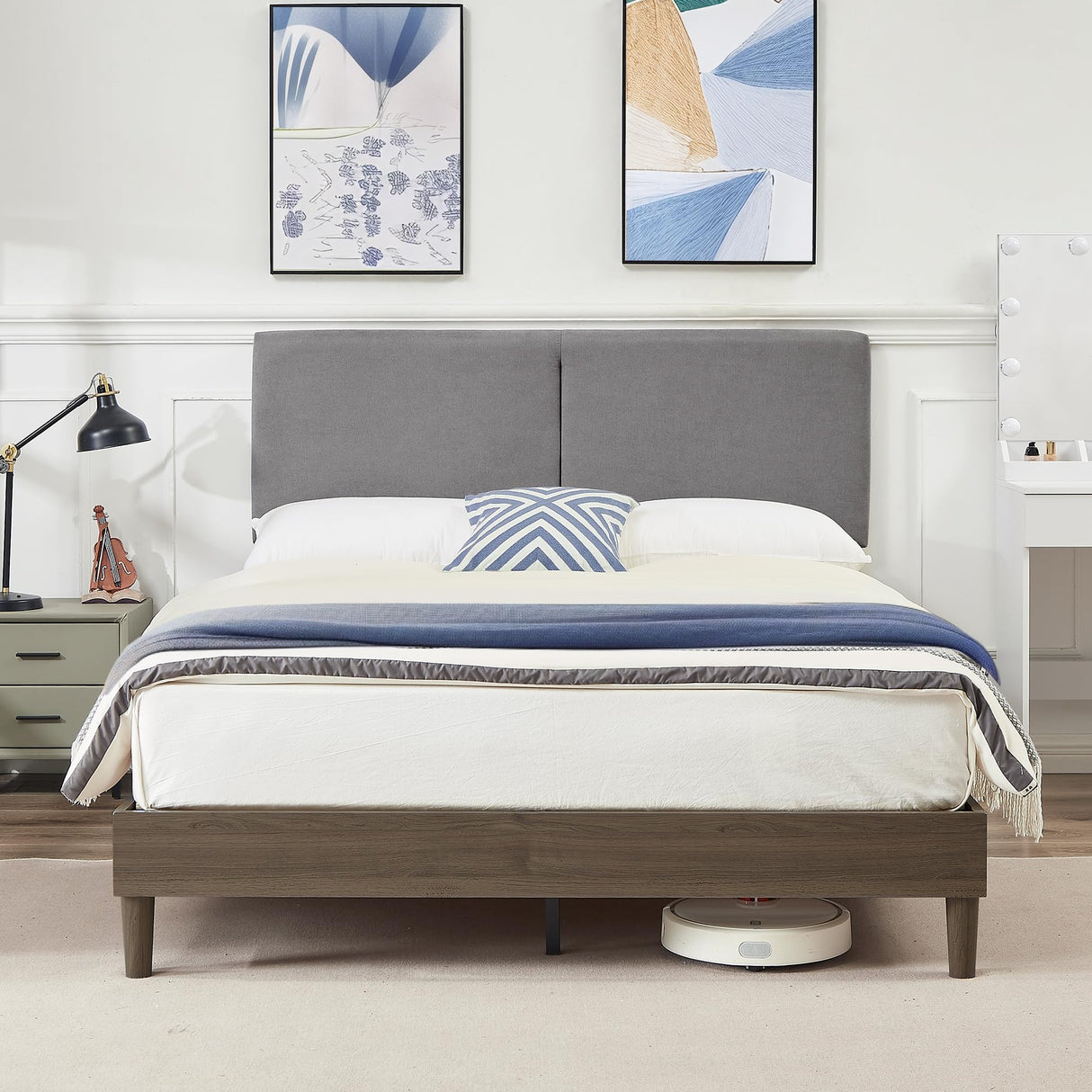 Platform Queen Bed Frame Upholstered Beds with Height-Adjustable Cotton