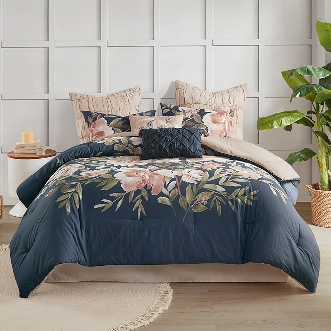 Floral Queen Comforter Set, Cotton Rich Bedding Set Feminine Design Shabby Chic Queen