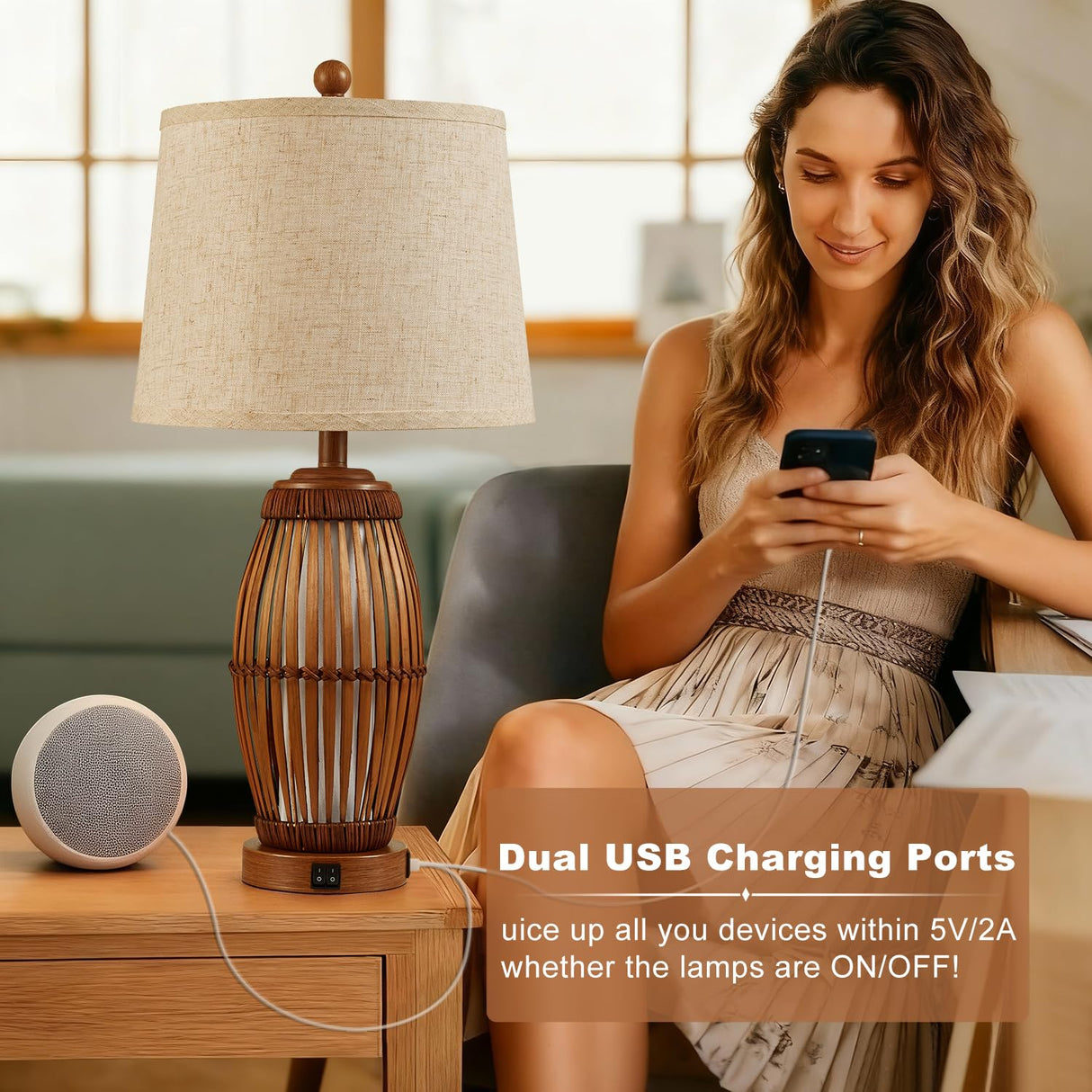 27" Vintage Bamboo Woven Table Lamps Set of 2 with USB Charging