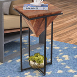 26-Inch Pyramid Shape Wooden Side Table with Cross Metal Base, Brown and Black