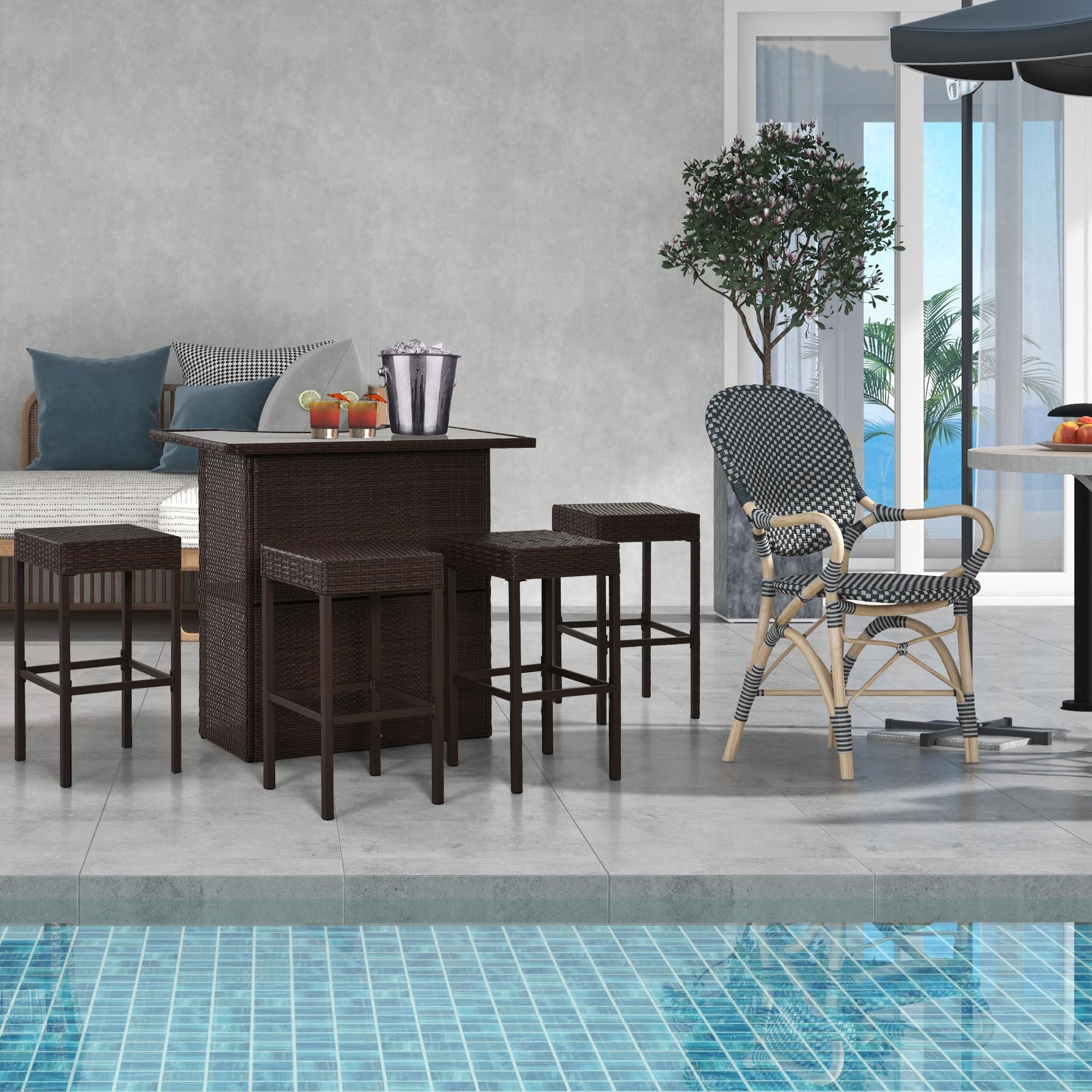 5 Pcs Rattan Wicker Bar Set, High Top Outdoor Table and Chairs