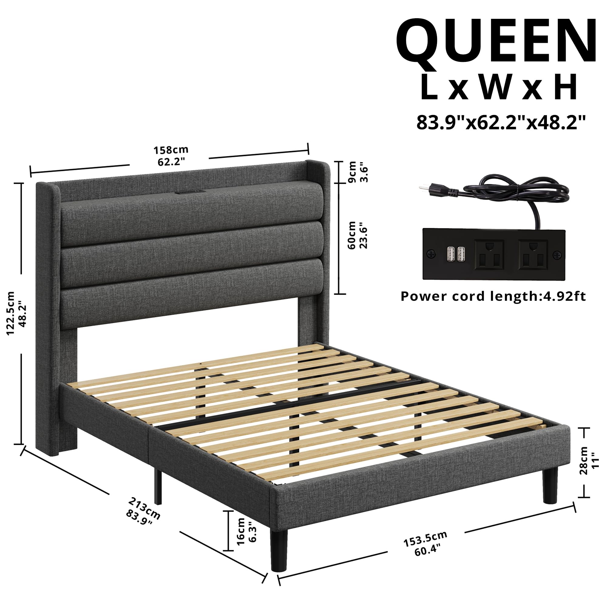 Queen Size Bed Frame, Storage Headboard with Outlets, Sturdy and Stable