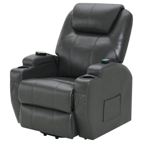 Benjara Sania Power Lift Recliner Chair, Gray Faux Leather, Cup Holders, Massage