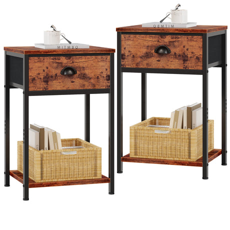 Nightstands Set of 2, Industrial End Table with Fabric Drawer and Storage Shelf, Retro Bedside Tables Organizer, Side Table for Living Room Bedroom, Rustic Brown