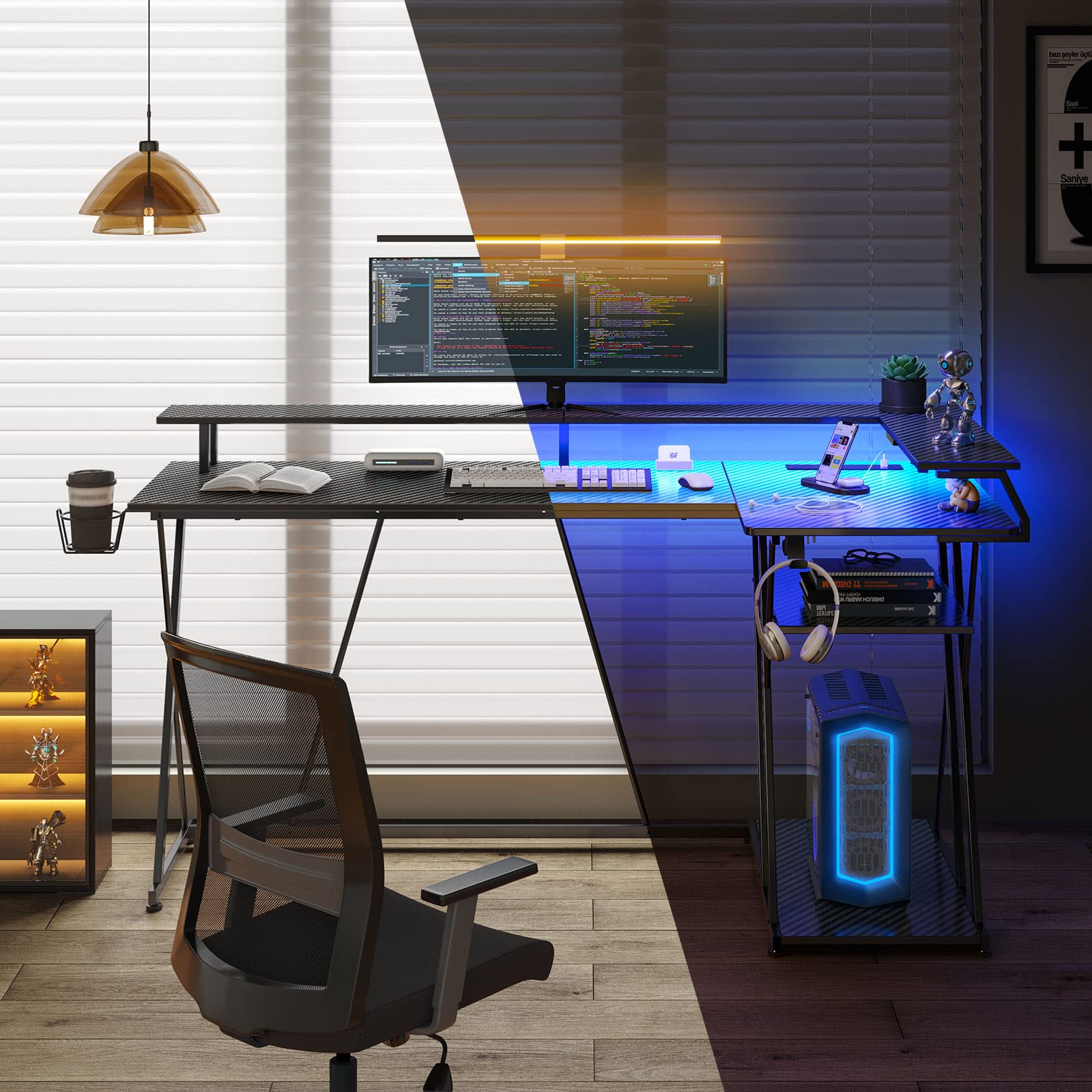 L Shaped Gaming Desk with LED Lights & Power Outlets, 55” Reversible Corner Desk