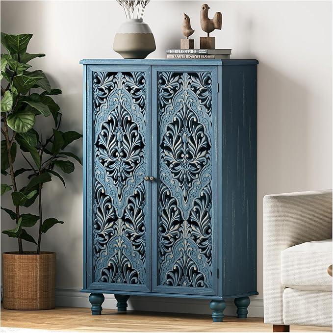 Vintage White Accent Cabinet with Carved Doors & Gold Legs – Decorative Storage Sideboard