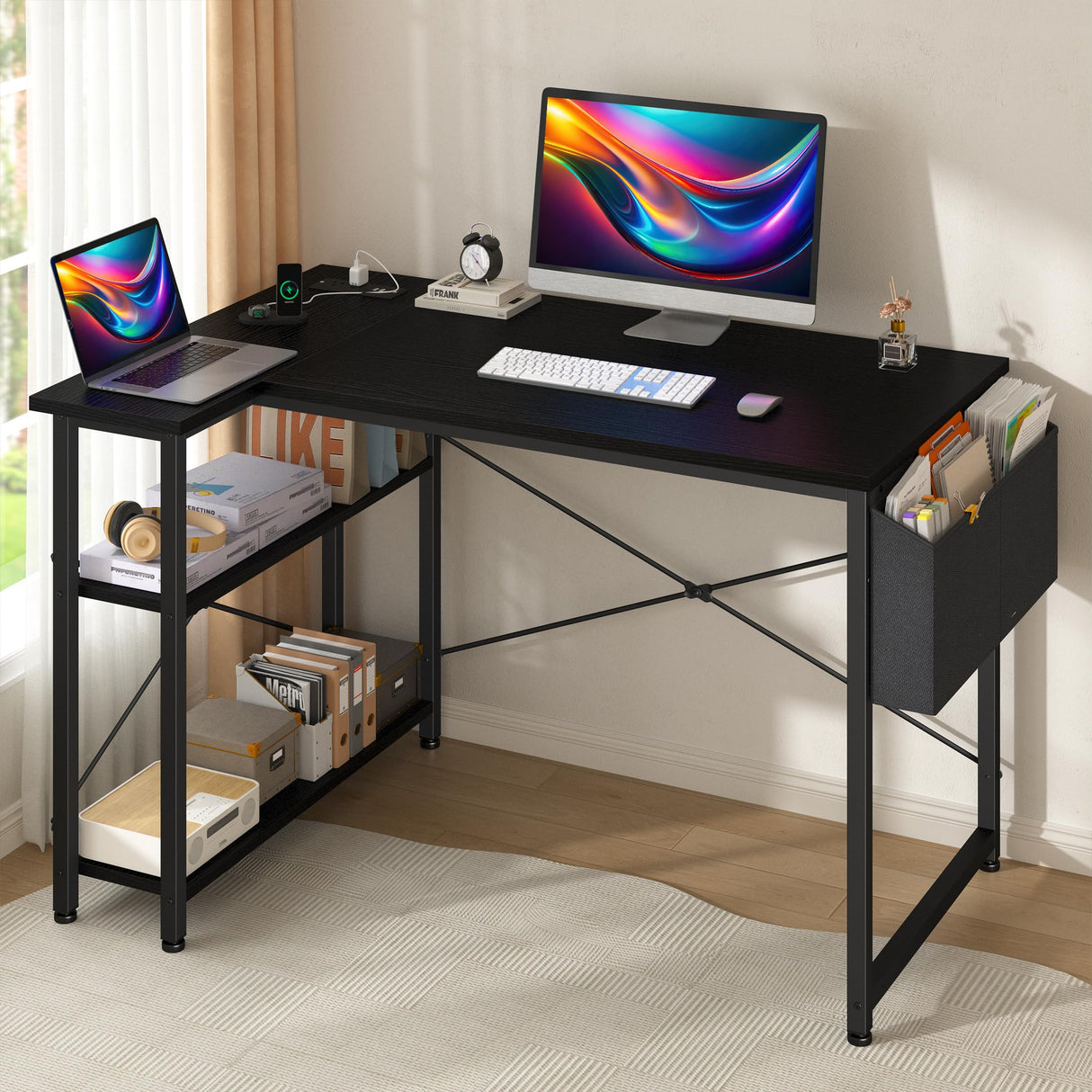 L Shaped Computer Desk with File Drawer & Power Outlet, 39 Inch Home Office Desk Corner Desk for Small Space, Bedroom Work, Black