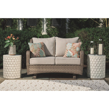 by Ashley Clear Ridge Outdoor Handwoven Wicker Cushioned Loveseat Glider with 2 Throw Pillows, Light Brown